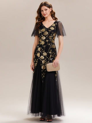 Short Sleeve Ruffle Sequin V-Neck A-Line Floor Length Evening Dresses