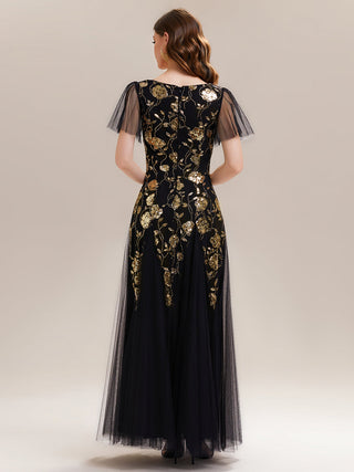 Short Sleeve Ruffle Sequin V-Neck A-Line Floor Length Evening Dresses