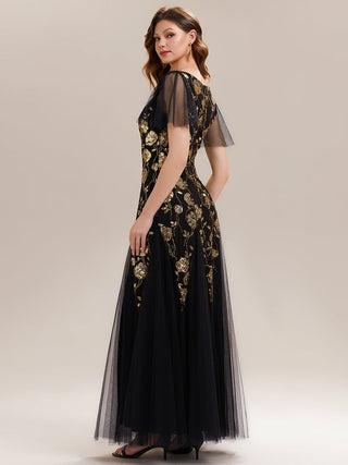 Short Sleeve Ruffle Sequin V-Neck A-Line Floor Length Evening Dresses