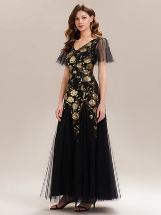 Short Sleeve Ruffle Sequin V-Neck A-Line Floor Length Evening Dresses