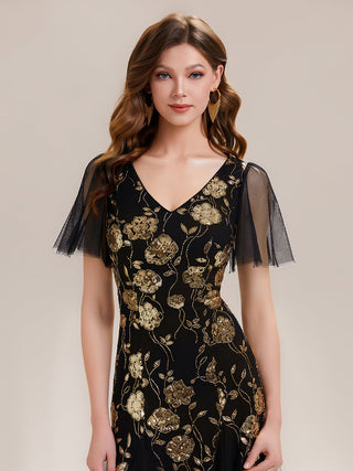 Short Sleeve Ruffle Sequin V-Neck A-Line Floor Length Evening Dresses