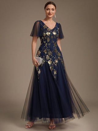 Short Sleeve Ruffle Sequin V-Neck A-Line Floor Length Evening Dresses