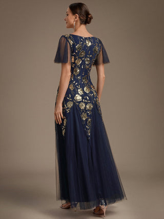 Short Sleeve Ruffle Sequin V-Neck A-Line Floor Length Evening Dresses