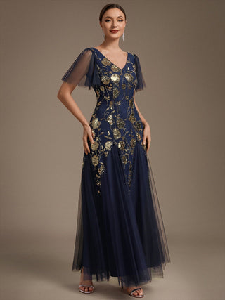 Short Sleeve Ruffle Sequin V-Neck A-Line Floor Length Evening Dresses
