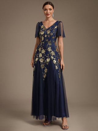 Short Sleeve Ruffle Sequin V-Neck A-Line Floor Length Evening Dresses