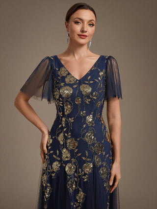 Short Sleeve Ruffle Sequin V-Neck A-Line Floor Length Evening Dresses