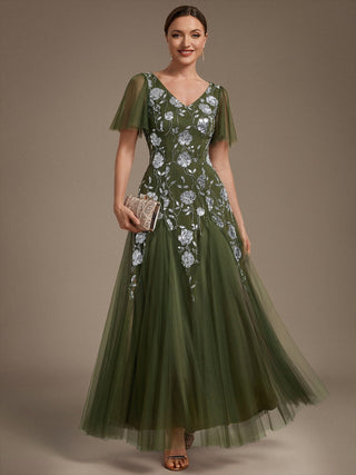 Short Sleeve Ruffle Sequin V-Neck A-Line Floor Length Evening Dresses