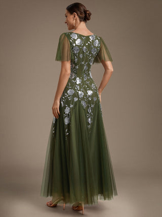 Short Sleeve Ruffle Sequin V-Neck A-Line Floor Length Evening Dresses