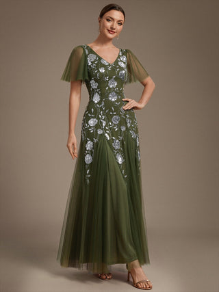 Short Sleeve Ruffle Sequin V-Neck A-Line Floor Length Evening Dresses