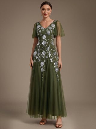Short Sleeve Ruffle Sequin V-Neck A-Line Floor Length Evening Dresses
