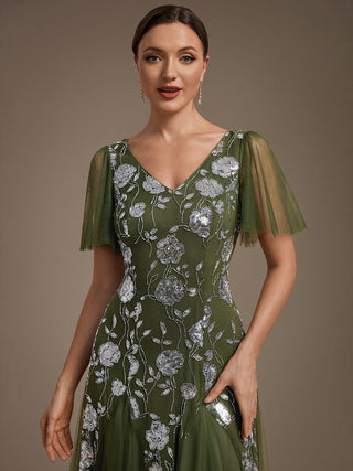 Short Sleeve Ruffle Sequin V-Neck A-Line Floor Length Evening Dresses