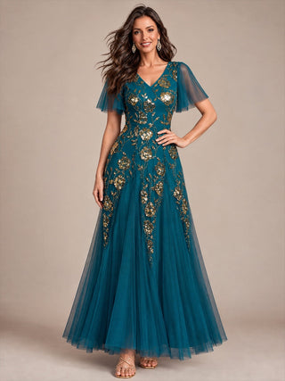 Short Sleeve Ruffle Sequin V-Neck A-Line Floor Length Evening Dresses