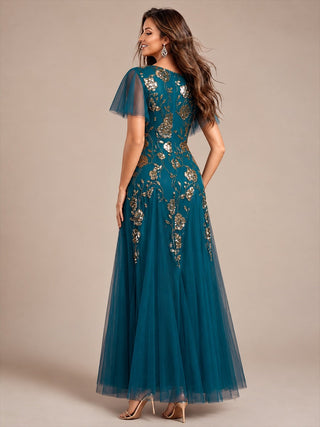 Short Sleeve Ruffle Sequin V-Neck A-Line Floor Length Evening Dresses