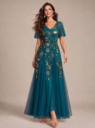 Short Sleeve Ruffle Sequin V-Neck A-Line Floor Length Evening Dresses