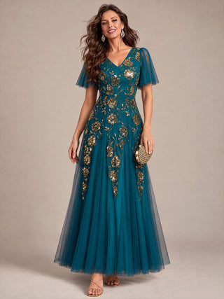 Short Sleeve Ruffle Sequin V-Neck A-Line Floor Length Evening Dresses