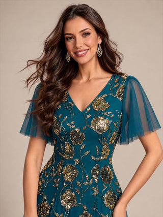 Short Sleeve Ruffle Sequin V-Neck A-Line Floor Length Evening Dresses