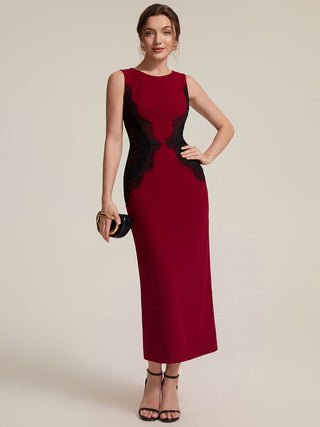Strapless Round Neck Bodycon Maxi Dress with Eyelash Lace Trim Evening Dresses