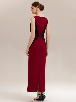Strapless Round Neck Bodycon Maxi Dress with Eyelash Lace Trim Evening Dresses