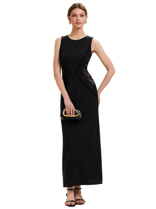 Strapless Round Neck Bodycon Maxi Dress with Eyelash Lace Trim Evening Dresses