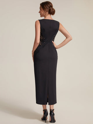 Strapless Round Neck Bodycon Maxi Dress with Eyelash Lace Trim Evening Dresses