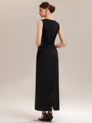 Strapless Round Neck Bodycon Maxi Dress with Eyelash Lace Trim Evening Dresses