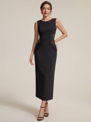 Strapless Round Neck Bodycon Maxi Dress with Eyelash Lace Trim Evening Dresses