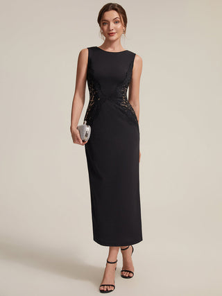 Strapless Round Neck Bodycon Maxi Dress with Eyelash Lace Trim Evening Dresses
