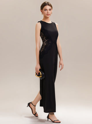 Strapless Round Neck Bodycon Maxi Dress with Eyelash Lace Trim Evening Dresses