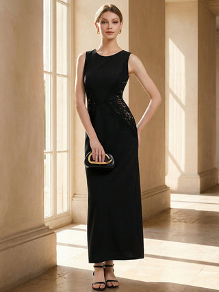 Strapless Round Neck Bodycon Maxi Dress with Eyelash Lace Trim Evening Dresses