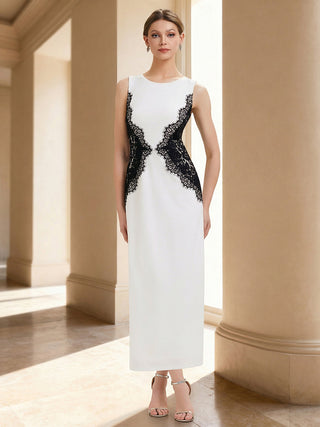 Strapless Round Neck Bodycon Maxi Dress with Eyelash Lace Trim Evening Dresses