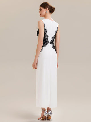 Strapless Round Neck Bodycon Maxi Dress with Eyelash Lace Trim Evening Dresses