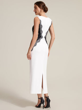 Strapless Round Neck Bodycon Maxi Dress with Eyelash Lace Trim Evening Dresses