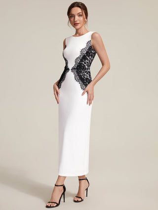 Strapless Round Neck Bodycon Maxi Dress with Eyelash Lace Trim Evening Dresses