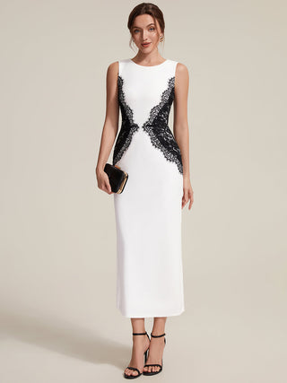 Strapless Round Neck Bodycon Maxi Dress with Eyelash Lace Trim Evening Dresses