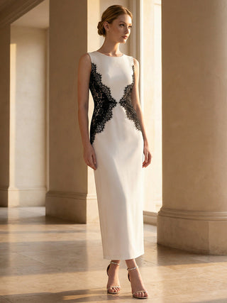 Strapless Round Neck Bodycon Maxi Dress with Eyelash Lace Trim Evening Dresses