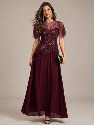 Short Sleeve Ruffle Sequin Round Neck A-Line Floor Length Evening Dresses