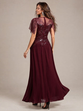 Short Sleeve Ruffle Sequin Round Neck A-Line Floor Length Evening Dresses
