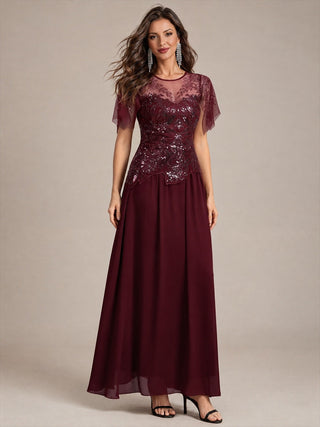Short Sleeve Ruffle Sequin Round Neck A-Line Floor Length Evening Dresses