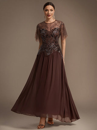 Short Sleeve Ruffle Sequin Round Neck A-Line Floor Length Evening Dresses