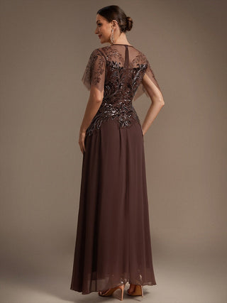 Short Sleeve Ruffle Sequin Round Neck A-Line Floor Length Evening Dresses