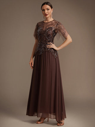 Short Sleeve Ruffle Sequin Round Neck A-Line Floor Length Evening Dresses
