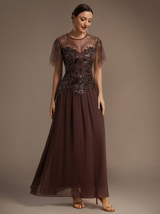 Short Sleeve Ruffle Sequin Round Neck A-Line Floor Length Evening Dresses