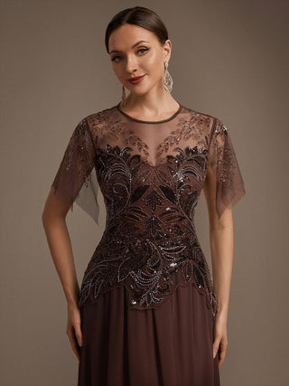 Short Sleeve Ruffle Sequin Round Neck A-Line Floor Length Evening Dresses