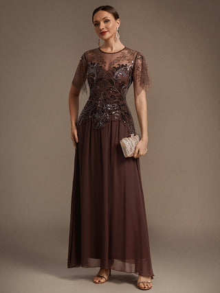 Short Sleeve Ruffle Sequin Round Neck A-Line Floor Length Evening Dresses