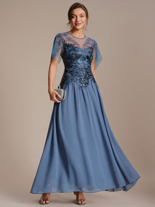 Short Sleeve Ruffle Sequin Round Neck A-Line Floor Length Evening Dresses