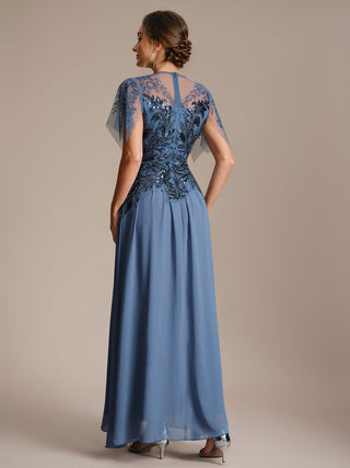 Short Sleeve Ruffle Sequin Round Neck A-Line Floor Length Evening Dresses