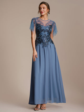 Short Sleeve Ruffle Sequin Round Neck A-Line Floor Length Evening Dresses