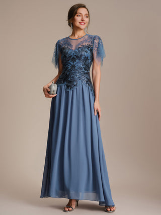 Short Sleeve Ruffle Sequin Round Neck A-Line Floor Length Evening Dresses