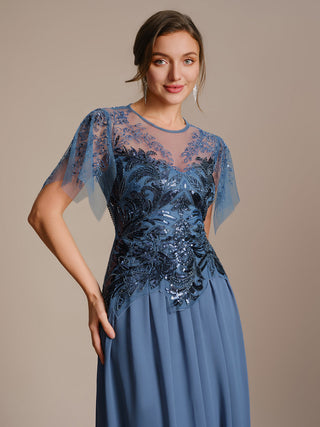 Short Sleeve Ruffle Sequin Round Neck A-Line Floor Length Evening Dresses