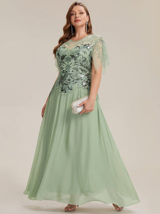 Short Sleeve Ruffle Sequin Round Neck A-Line Floor Length Evening Dresses